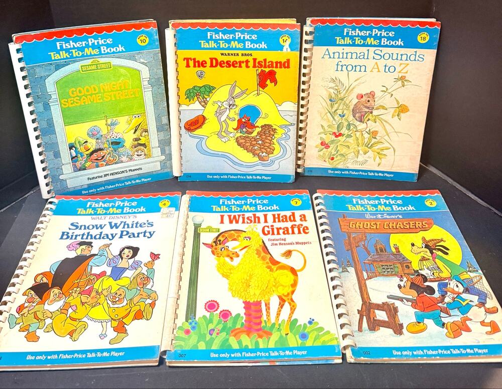 6 vintage Fisher-Price "Talk-To-Me" interactive plastic-comb bound storybooks